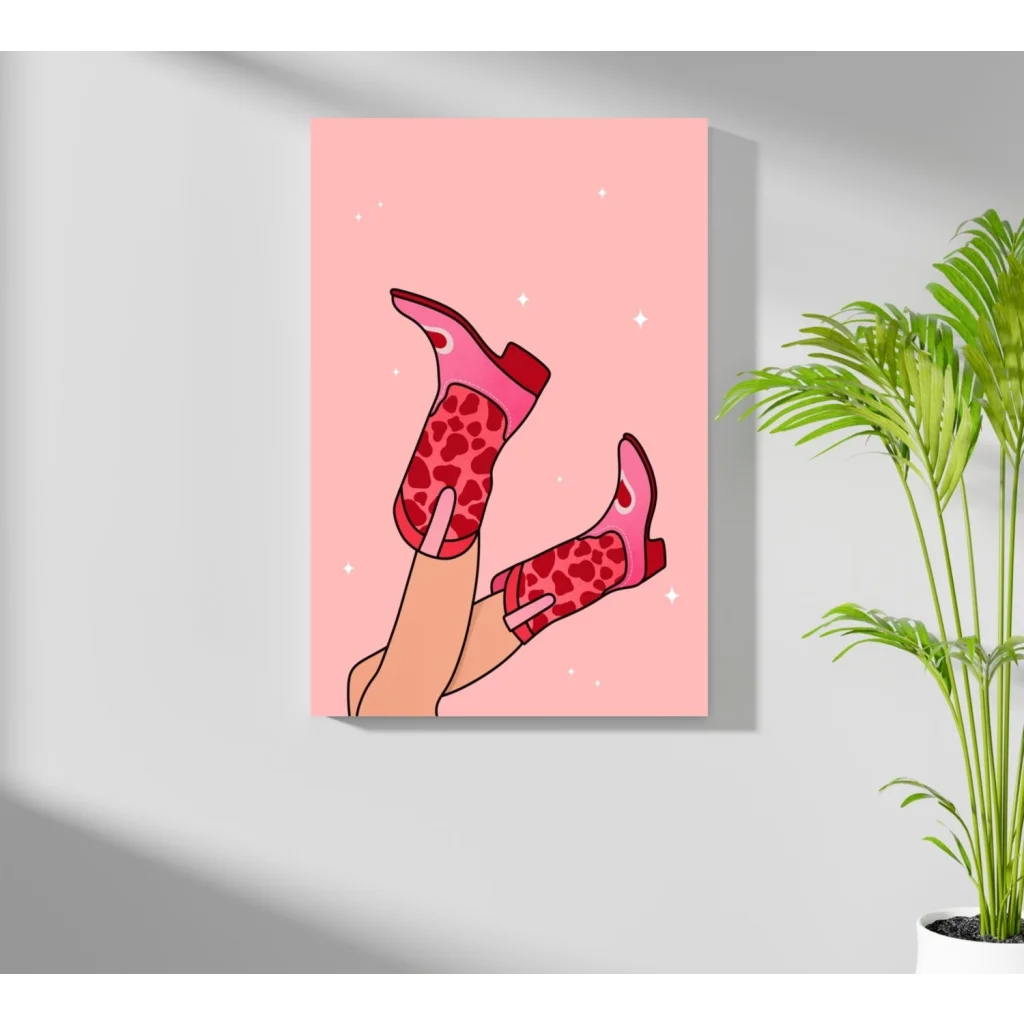 Hand holding cartoon red leopard-print boots on pink sparkly background, insigne aluminum print