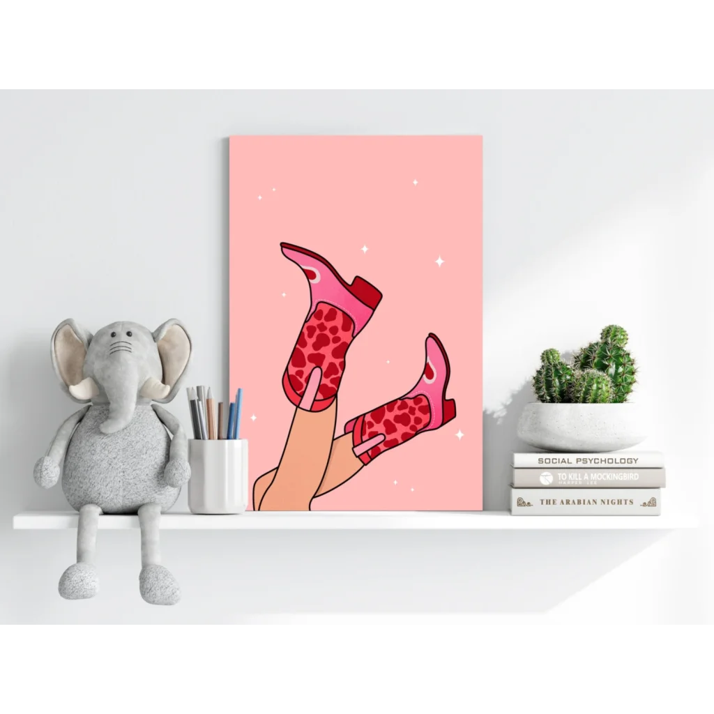 Hand holding cartoon red leopard-print cowboy boots on starry pink background, Sparkly Red Leopard Boot Insigne Aluminum Prints
