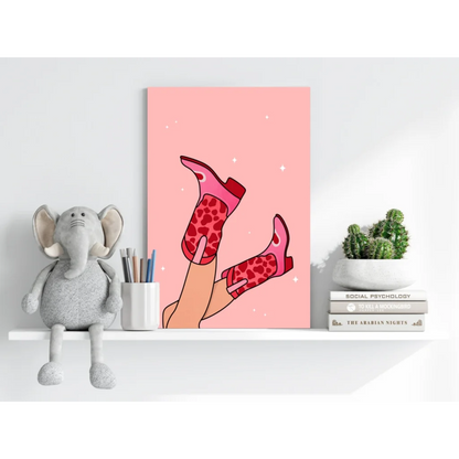 Hand holding cartoon red leopard-print cowboy boots on starry pink background, Sparkly Red Leopard Boot Insigne Aluminum Prints