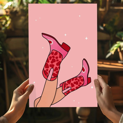 Pink red heart cowboy boots on Sparkly Red Leopard Boot Insigne Aluminum Prints