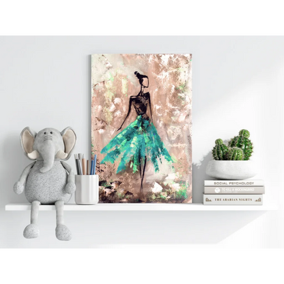 Stylized teal gown woman silhouette on insigne aluminum print