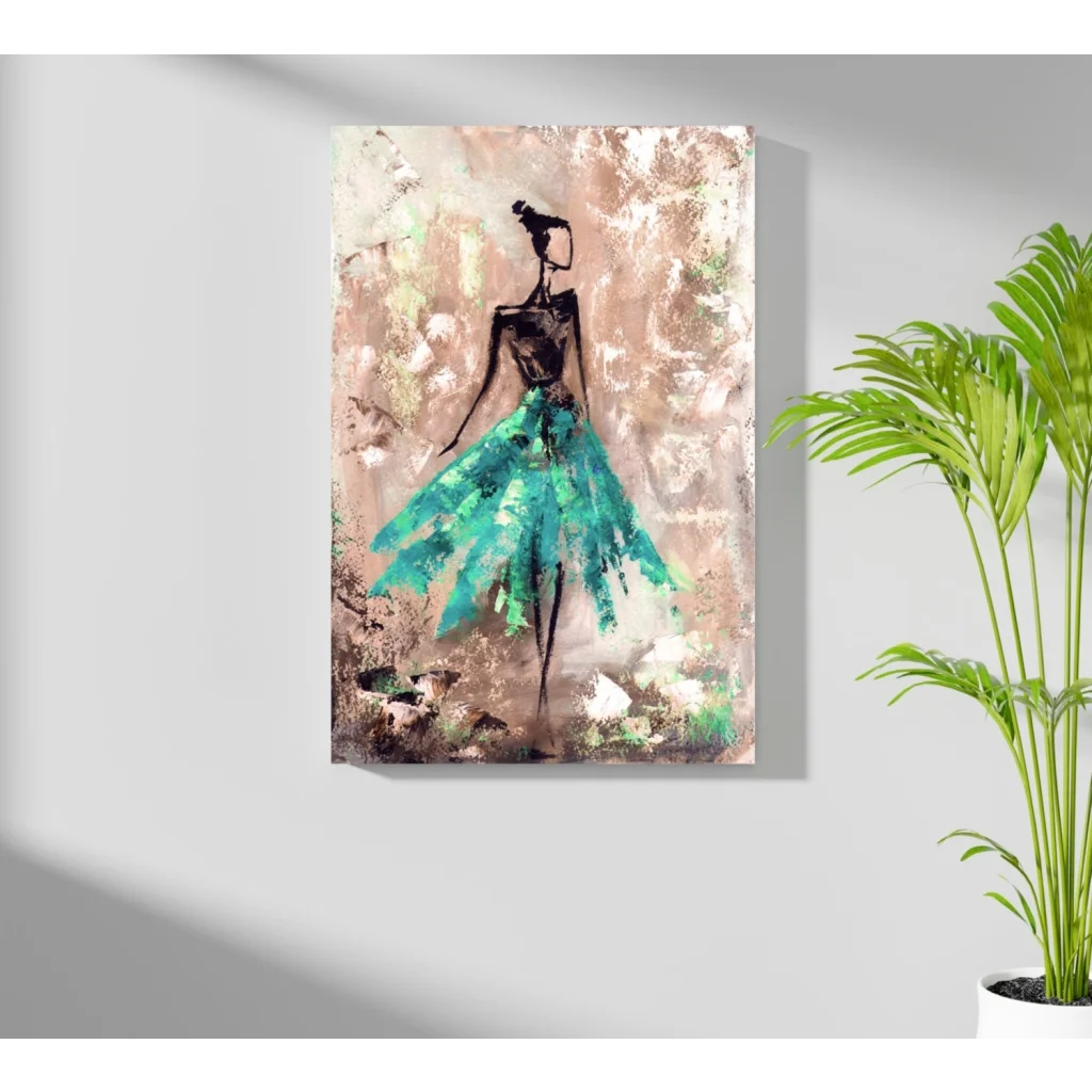 Stylized teal gown figure on insigne aluminum print, unique style