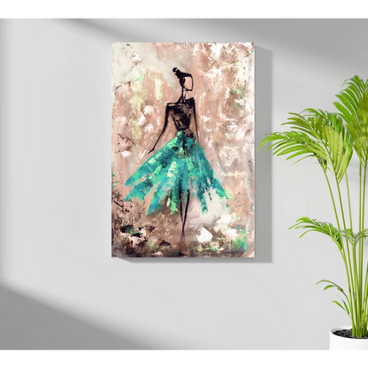 Stylized teal gown figure on insigne aluminum print, unique style