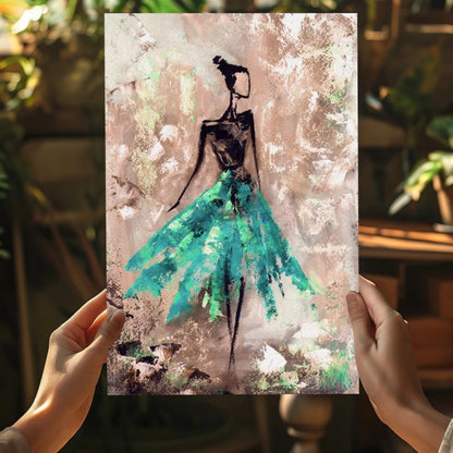 Stylized teal gown figure on insigne aluminum print, unique style