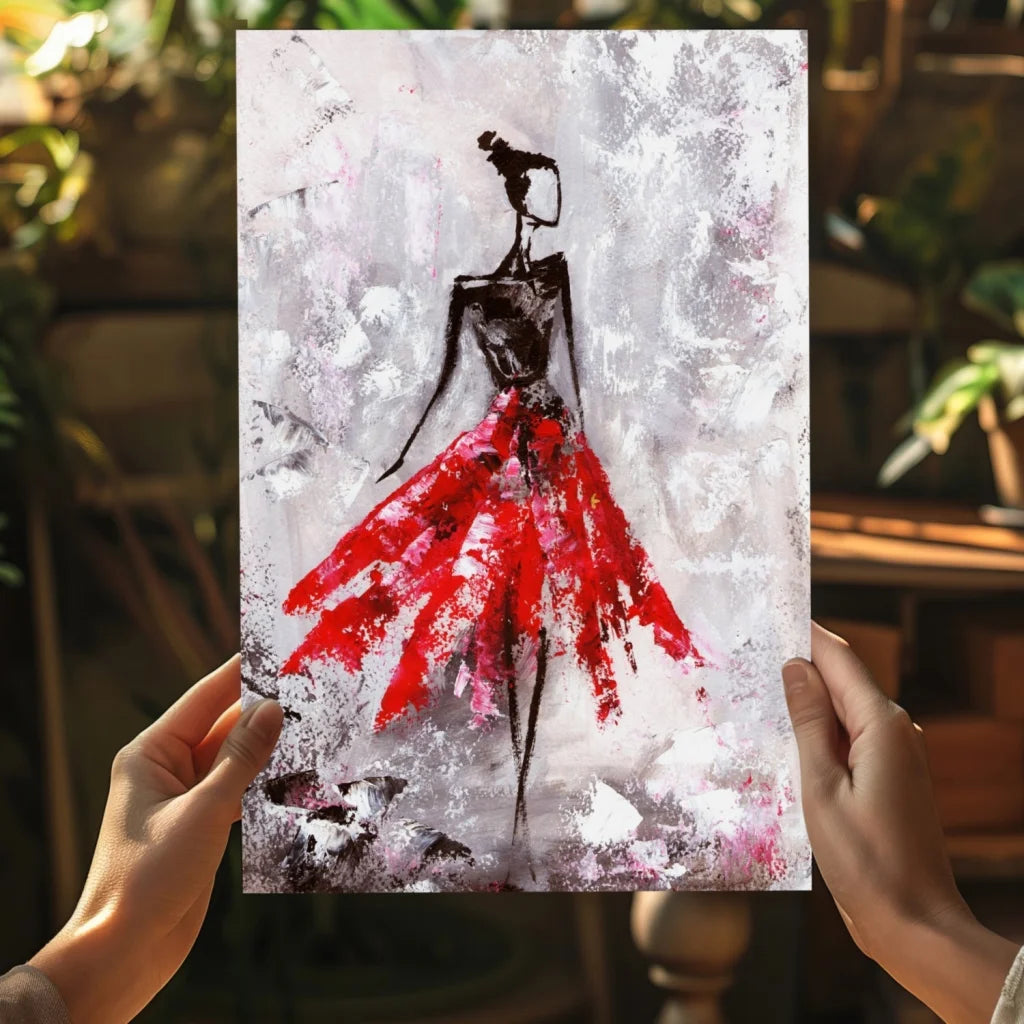 Insigne aluminum prints of abstract red-skirted figure on textured background