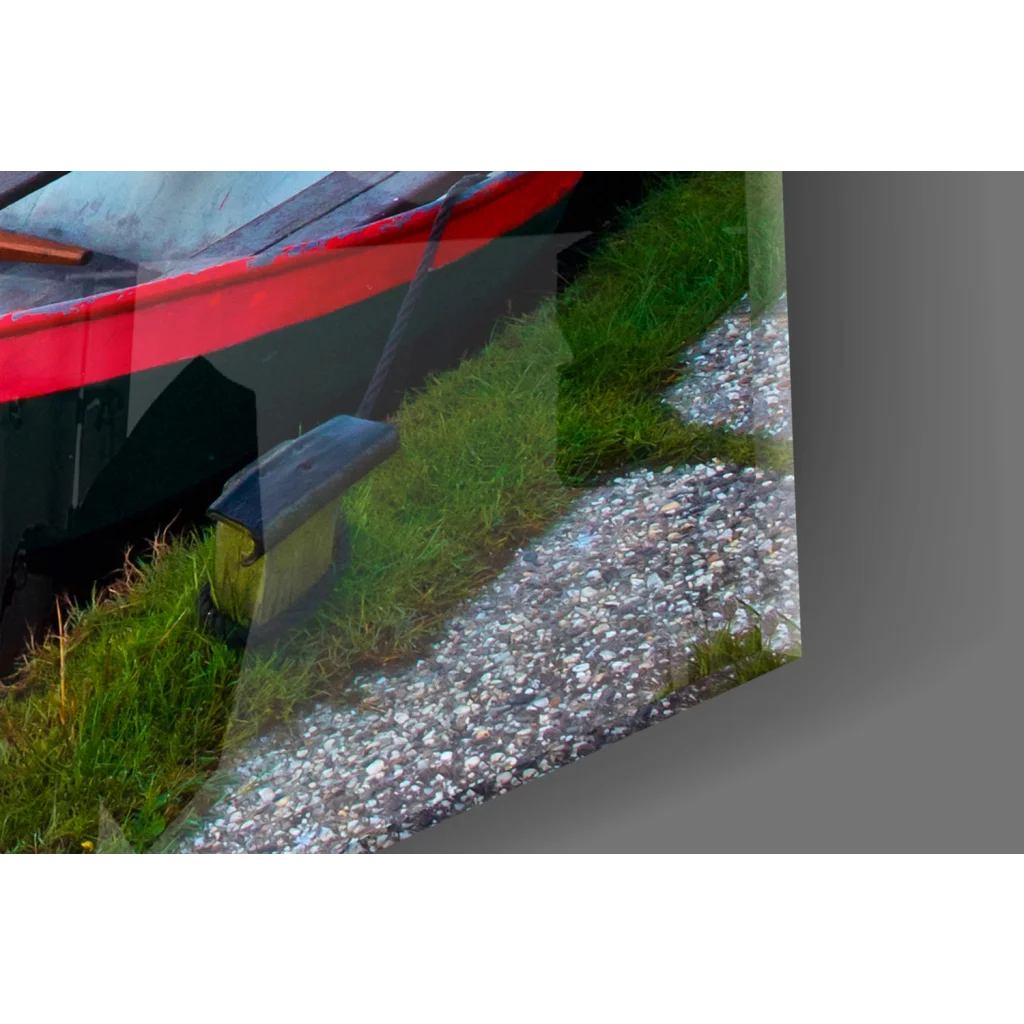 Glossy red black boat on glass wall art canvas print