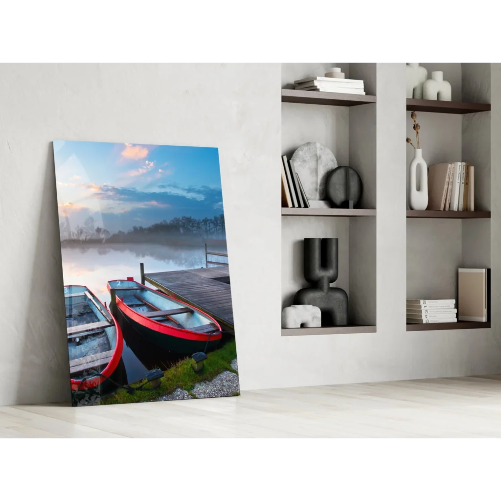 Vibrant red black boat on misty dock glass wall art canvas print