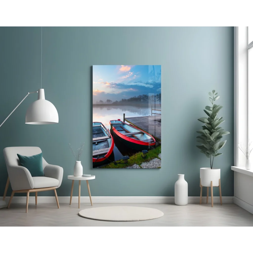 Misty red and black rowboats on glass wall art print