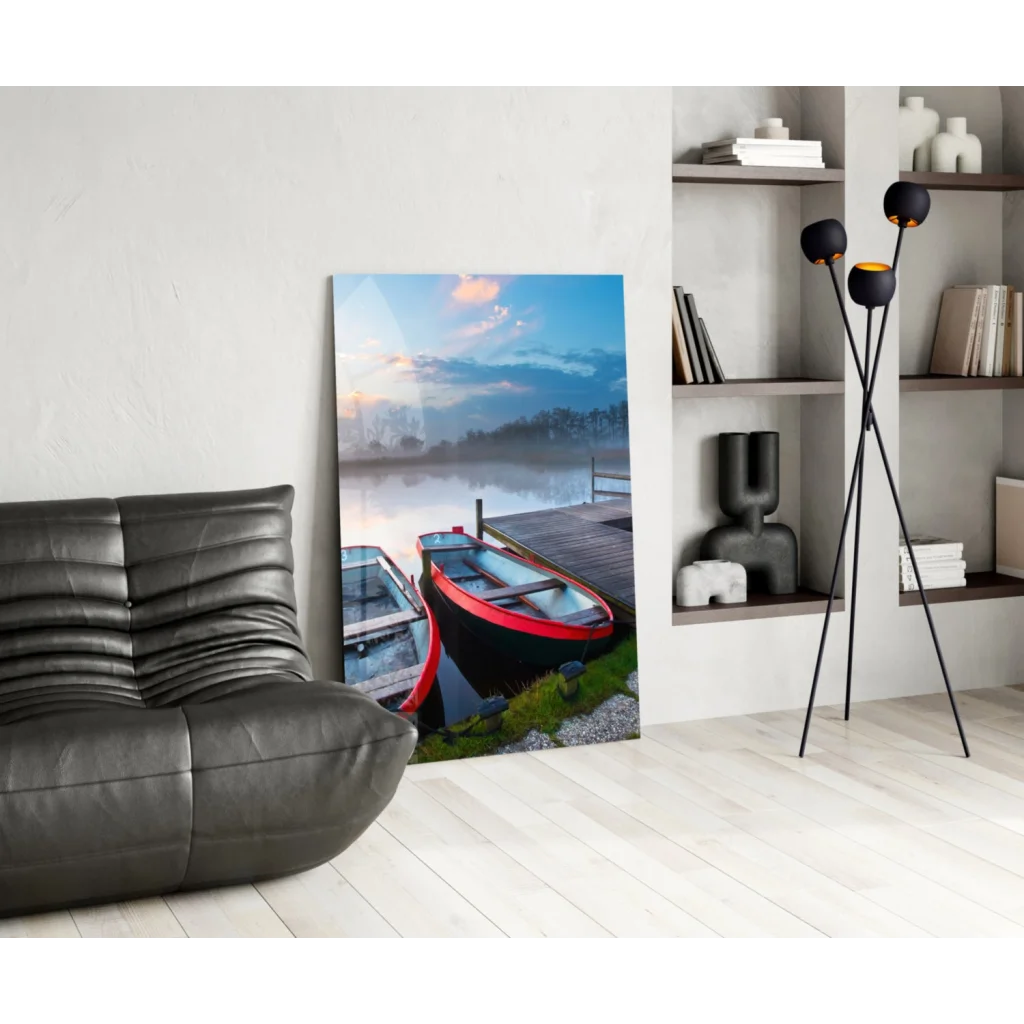 Vibrant red black boat on misty dock, glass wall art canvas print