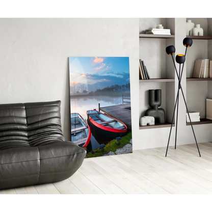 Vibrant red black boat on misty dock, glass wall art canvas print