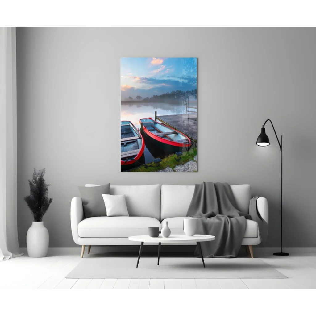 Misty boats red and blue on glass wall art canvas print