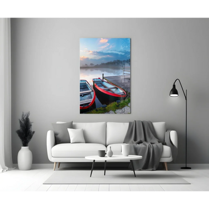 Misty boats red and blue on glass wall art canvas print