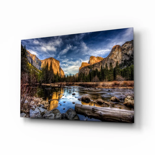 Yosemite Valley golden cliffs canvas wall art with dramatic landscape