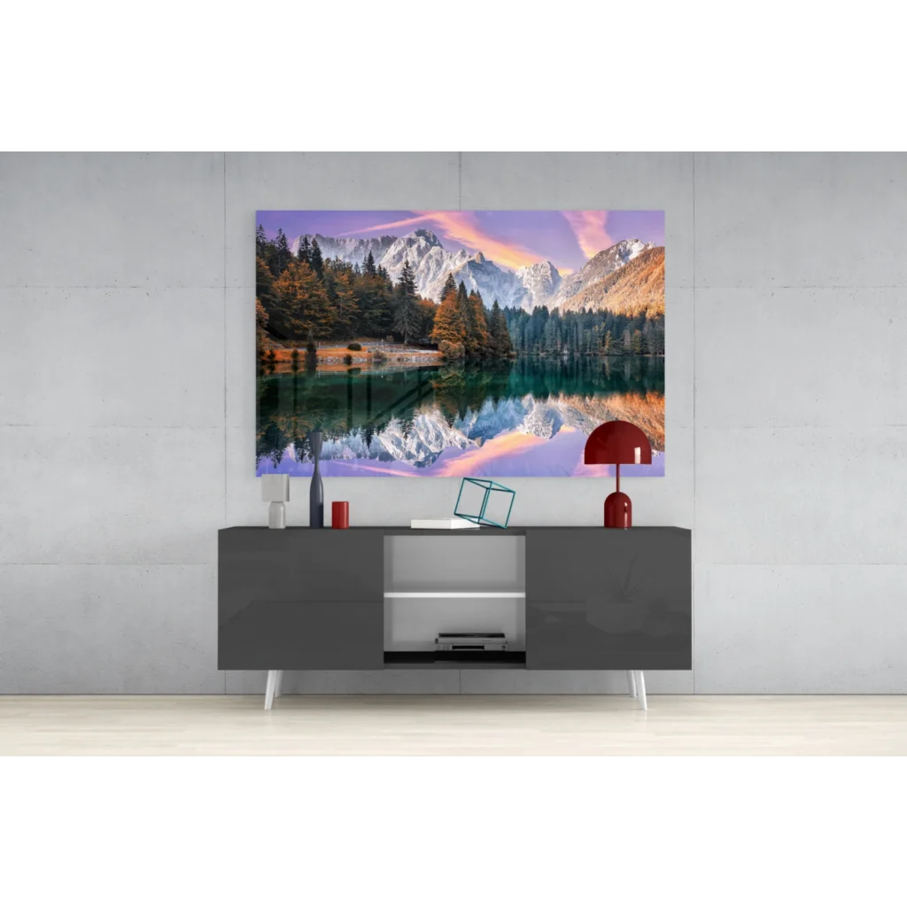 Vibrant mountain lake glass wall art with autumn reflections and turquoise water
