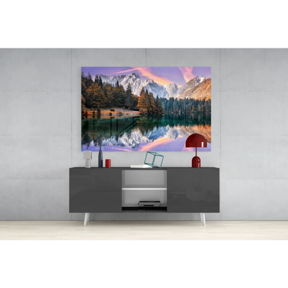 Vibrant mountain lake glass wall art with autumn reflections and turquoise water