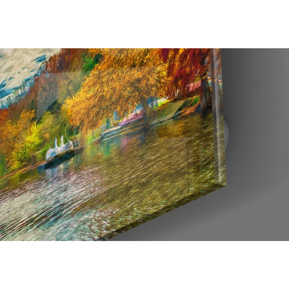 Stunning autumn reflections glass wall art with vibrant trees in water