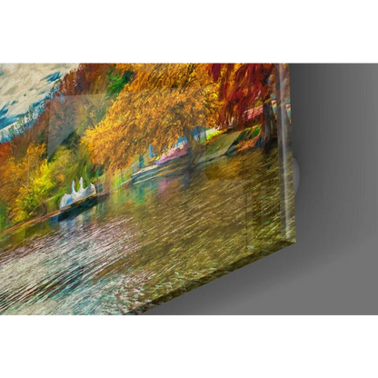 Stunning autumn reflections glass wall art with vibrant trees in water