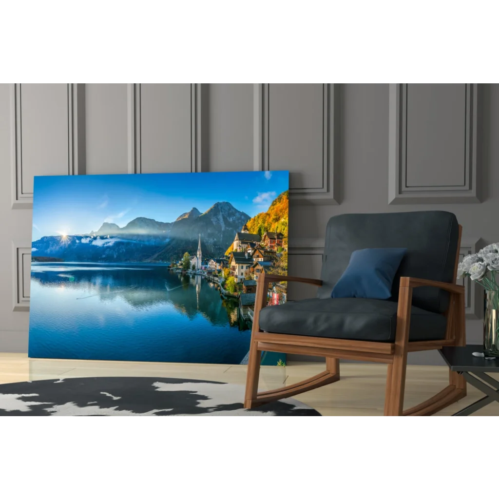Stunning blue mountain lake village sunrise wall art canvas