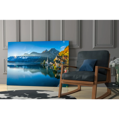 Stunning blue mountain lake village sunrise wall art canvas