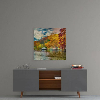 Vibrant autumn reflections glass wall art with golden crimson trees in calm water