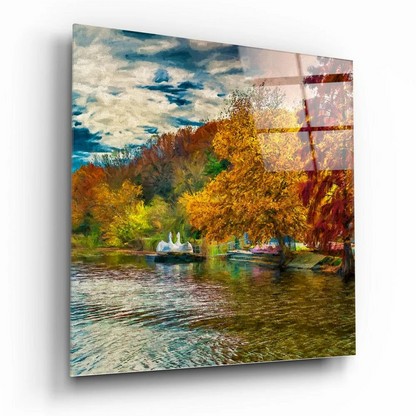 Stunning autumn reflections glass wall art with vibrant trees in calm waters