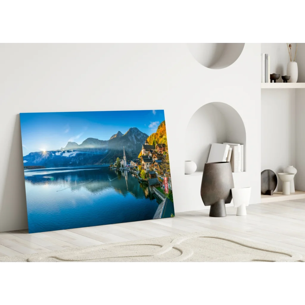 Stunning Blue Mountain Lake Village Canvas Wall Art | Modern Wall Art Decor | vintageantiquesgifts.com