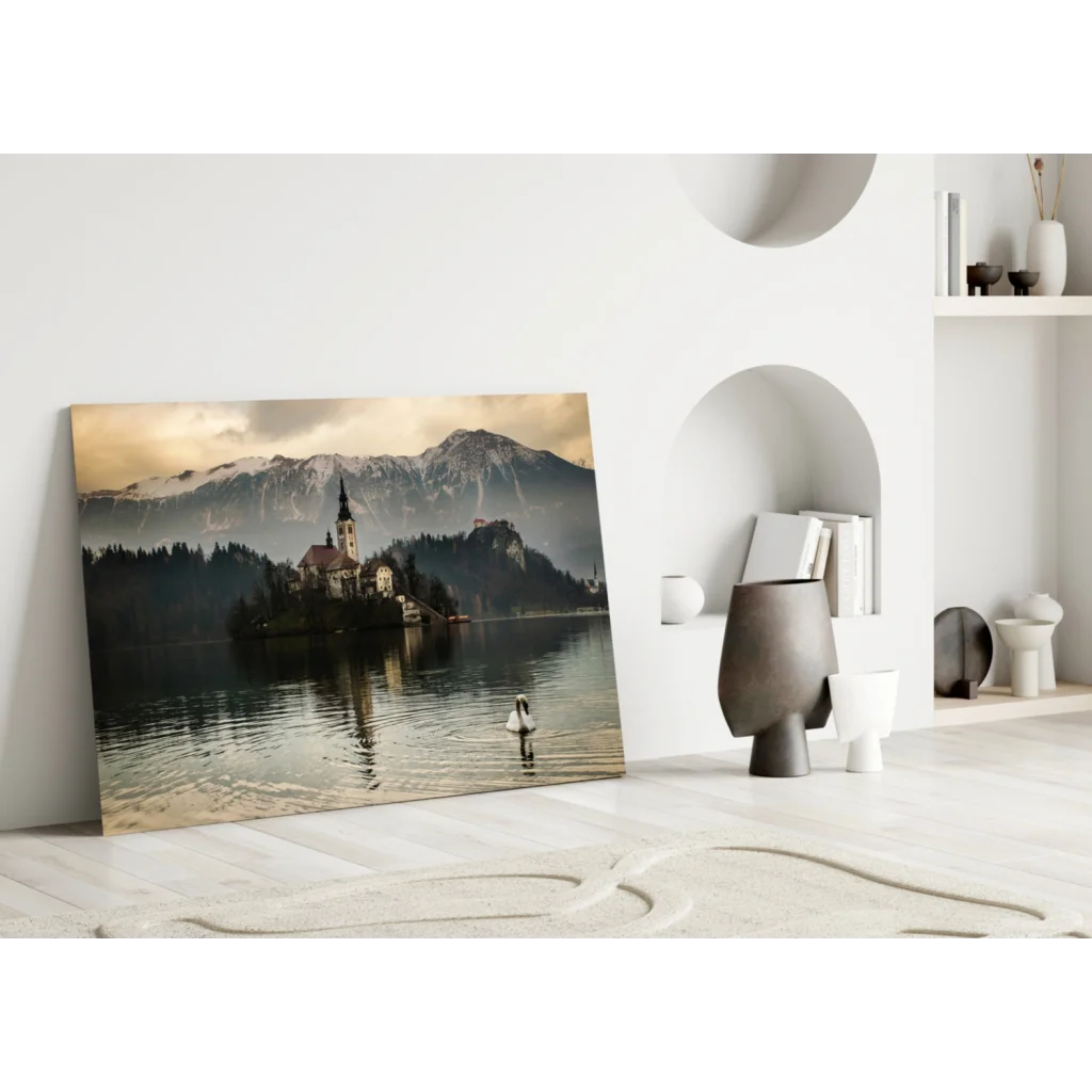Serene alpine lake glass wall art with swan and mountain chapel