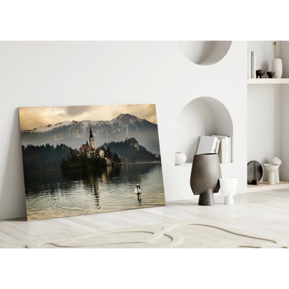 Serene alpine lake glass wall art with swan and mountain chapel