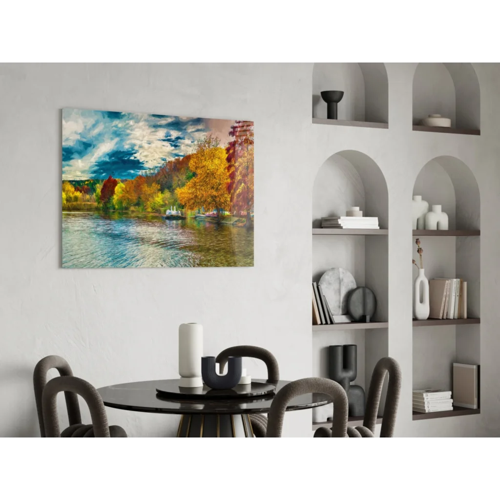 Vibrant autumn glass wall art print with golden crimson trees in calm waters