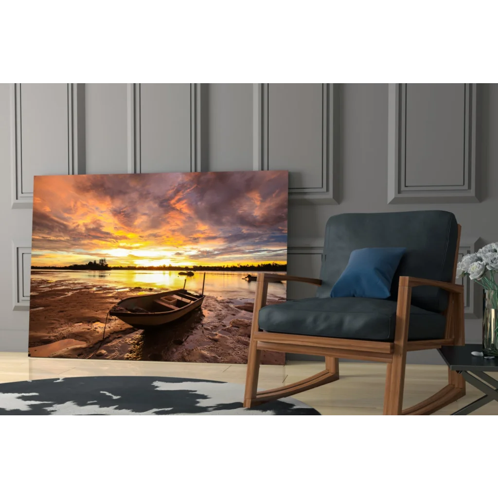 Tranquil sunset boat on reflective water in glass wall art