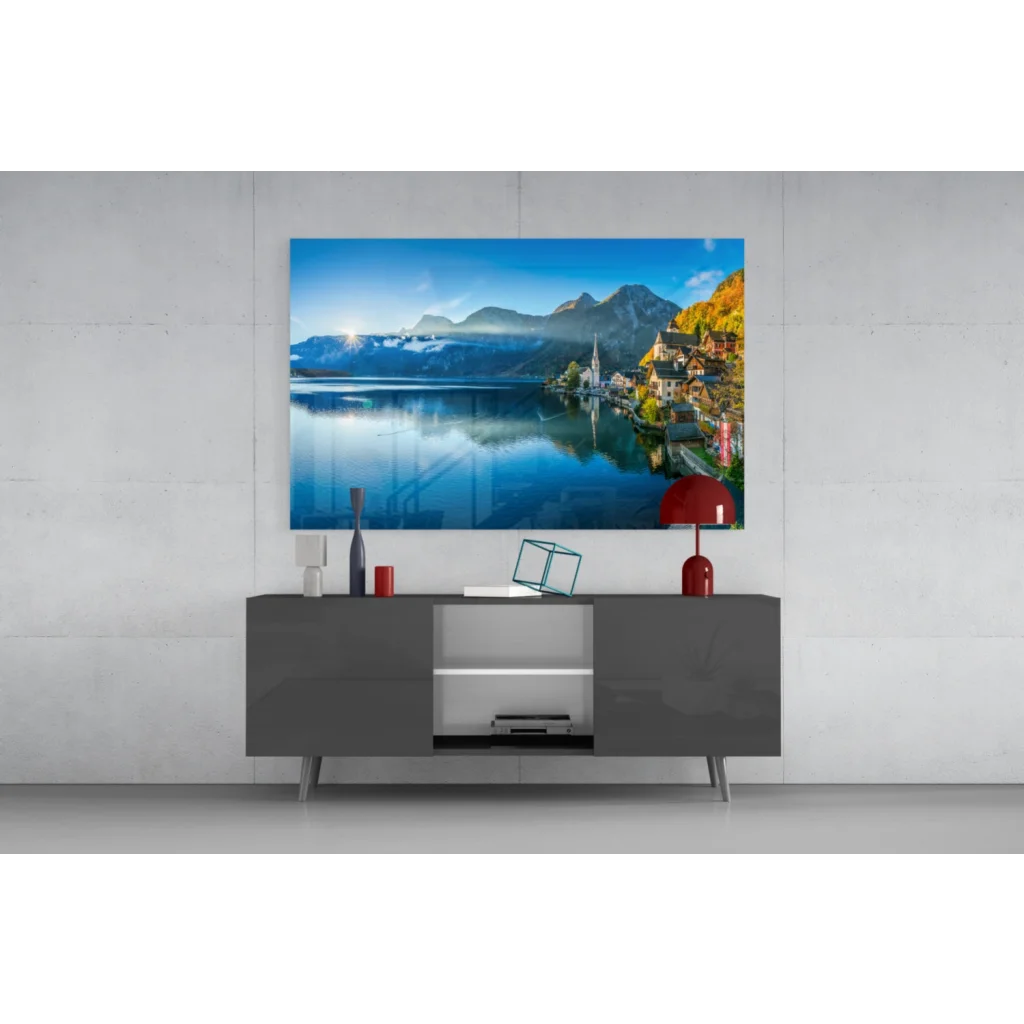 Serene Blue Mountain Lake village wall art with autumn foliage