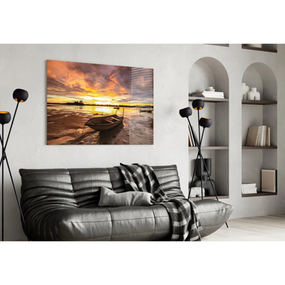 Tranquil Sunset Boat Glass Wall Art with Glowing Sky Reflections | Contemporary Home Wall Art | vintageantiquesgifts.com