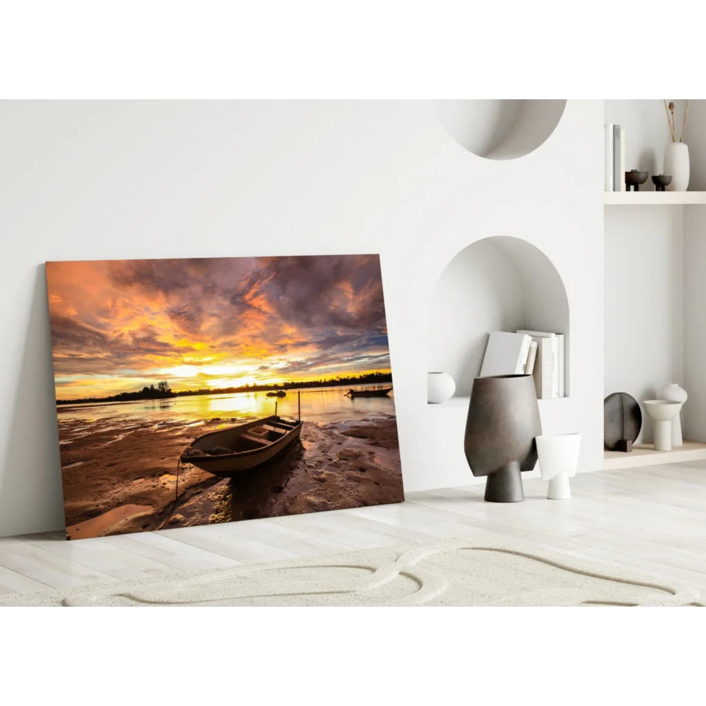 Tranquil Sunset Boat Glass Wall Art with Glowing Sky Reflections | Modern Wall Art Decor | vintageantiquesgifts.com