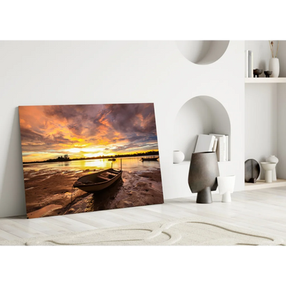 Tranquil Sunset Boat Glass Wall Art with Glowing Sky Reflections | Modern Wall Art Decor | vintageantiquesgifts.com