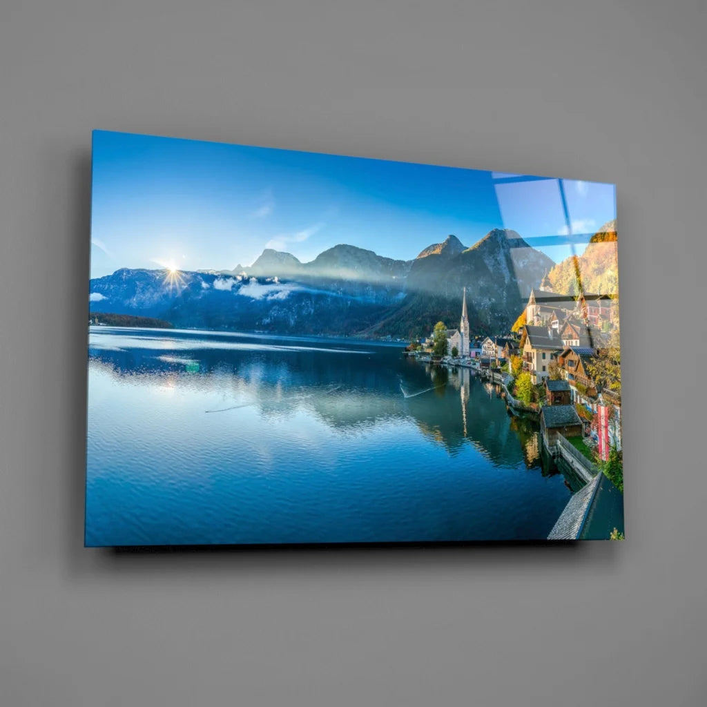 Stunning Blue Mountain Lake Village Canvas Wall Art | Glass Wall Art Print | vintageantiquesgifts.com