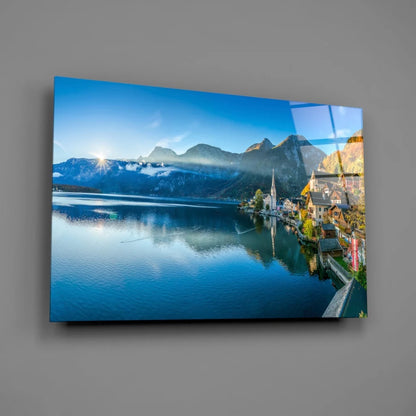 Stunning Blue Mountain Lake Village Canvas Wall Art | Glass Wall Art Print | vintageantiquesgifts.com