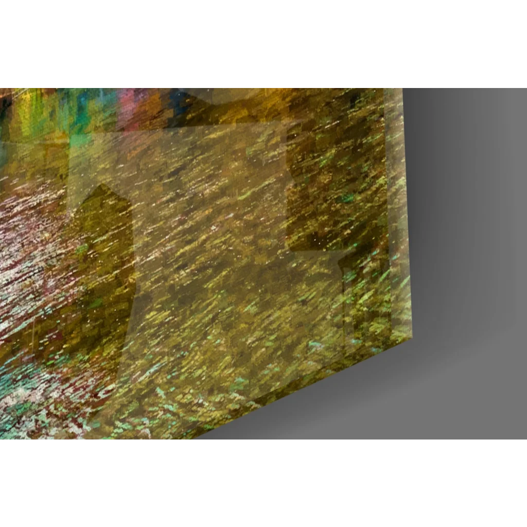 Abstract golden-yellow glass wall art with iridescent green-blue overlays