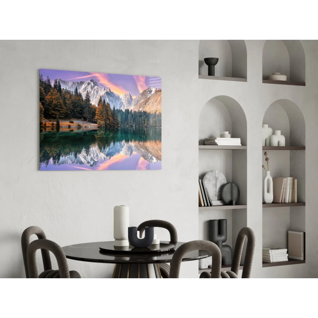 Serene mountain lake sunset on stunning glass wall art