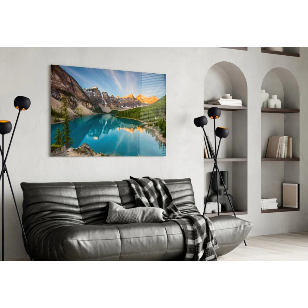 Stunning Turquoise Mountain Lake Glass Wall Art Print | Contemporary Home Wall Art | vintageantiquesgifts.com
