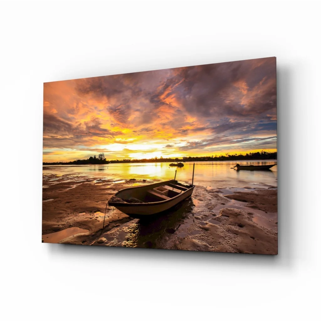 Tranquil Sunset Boat Glass Wall Art with Glowing Sky Reflections | Insigneart USA | vintageantiquesgifts.com