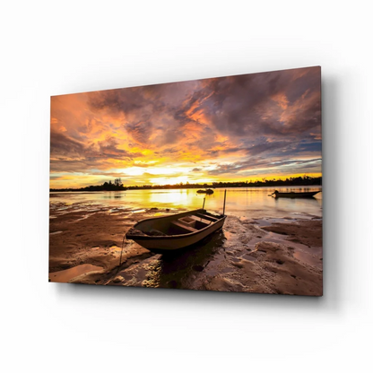 Tranquil Sunset Boat Glass Wall Art with Glowing Sky Reflections | Insigneart USA | vintageantiquesgifts.com