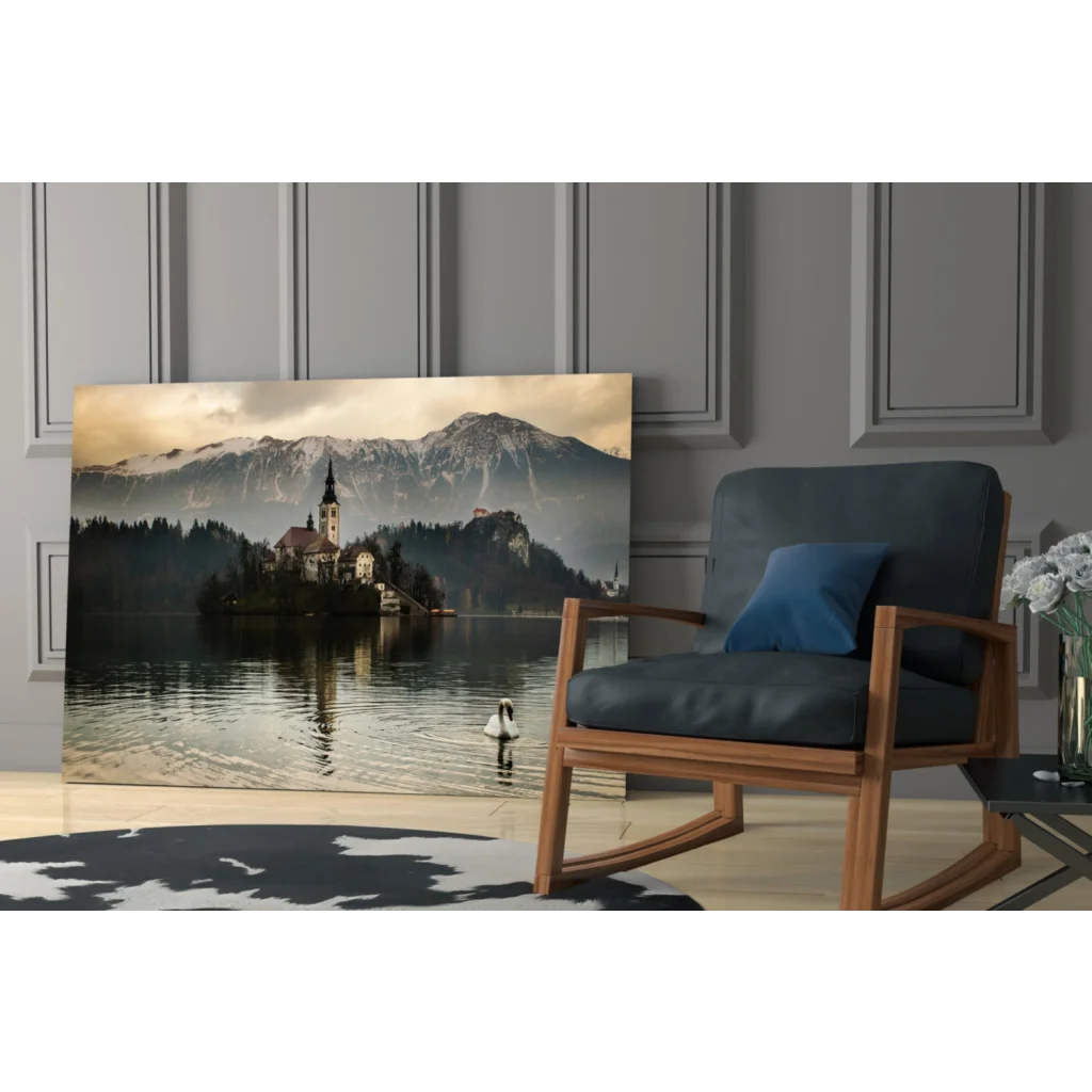 Serene alpine lake glass wall art with swan and mountain chapel