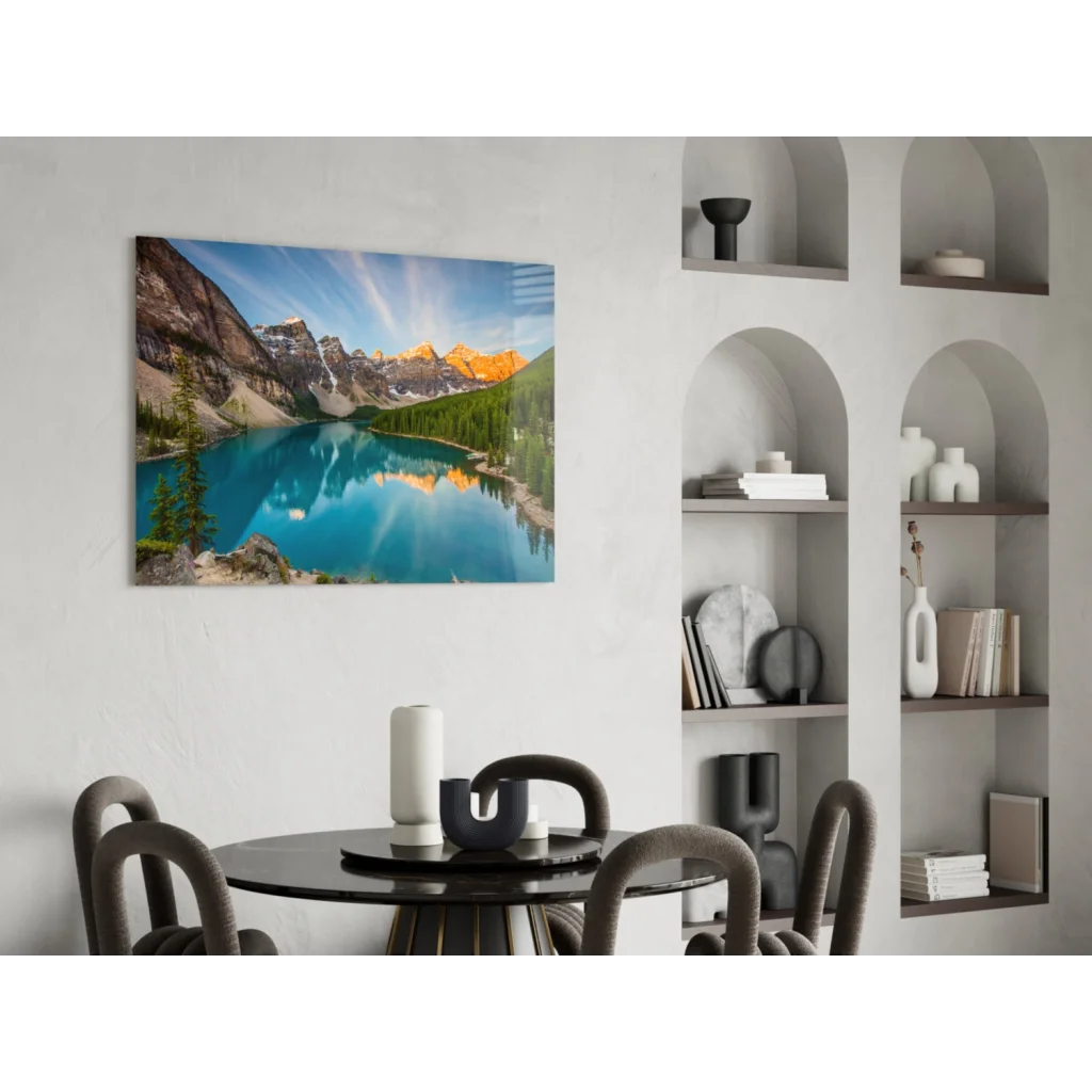 Vibrant Lake Moraine turquoise waters glass wall art print