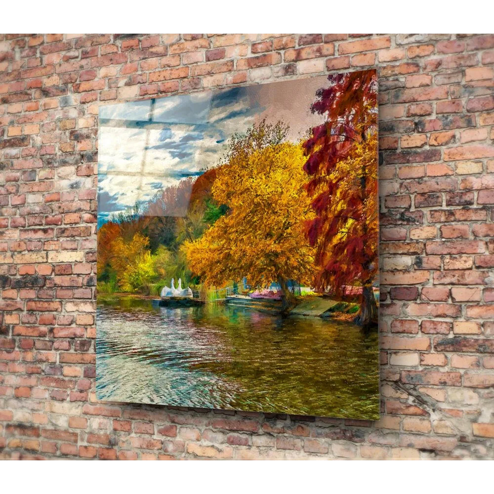 Stunning Autumn Reflections glass wall art with vibrant trees in water
