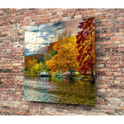 Stunning Autumn Reflections glass wall art with vibrant trees in water