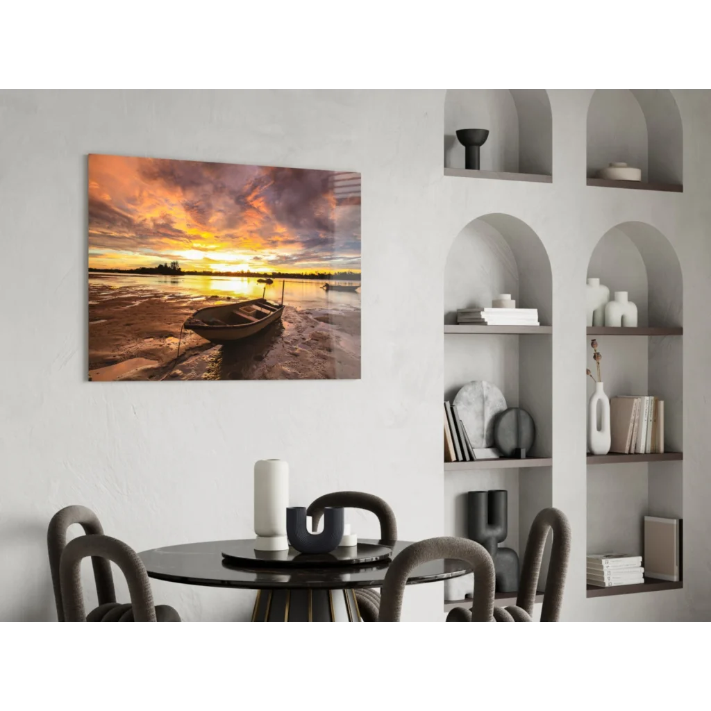 Tranquil sunset boat glass wall art with glowing sky reflections