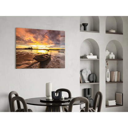 Tranquil sunset boat glass wall art with glowing sky reflections