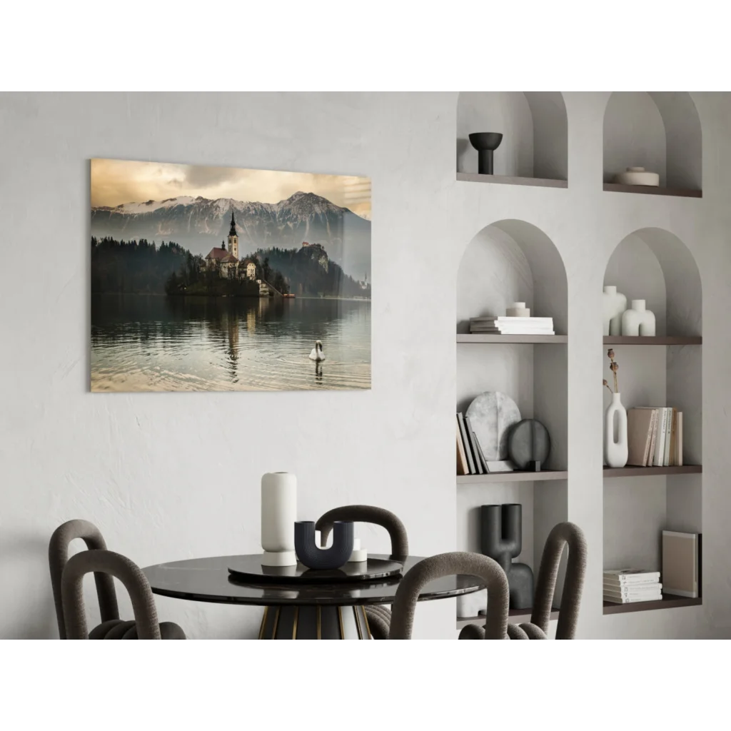 Serene alpine lake glass wall art with swan and mountain chapel