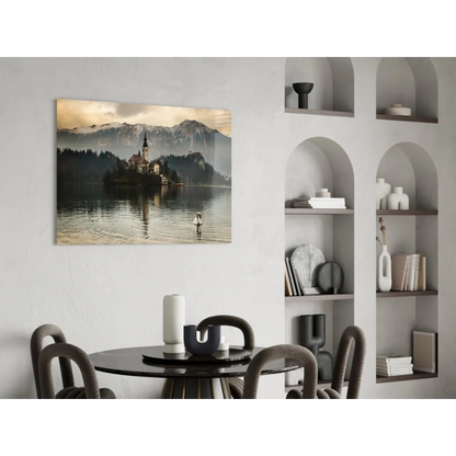 Serene alpine lake glass wall art with swan and mountain chapel