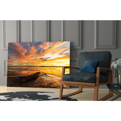 Vibrant sunset boat on reflective water in glass wall art print